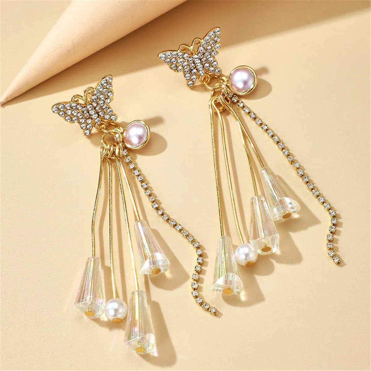 Pearl & 18K Gold-Plated Butterfly Tassel Drop Earrings
