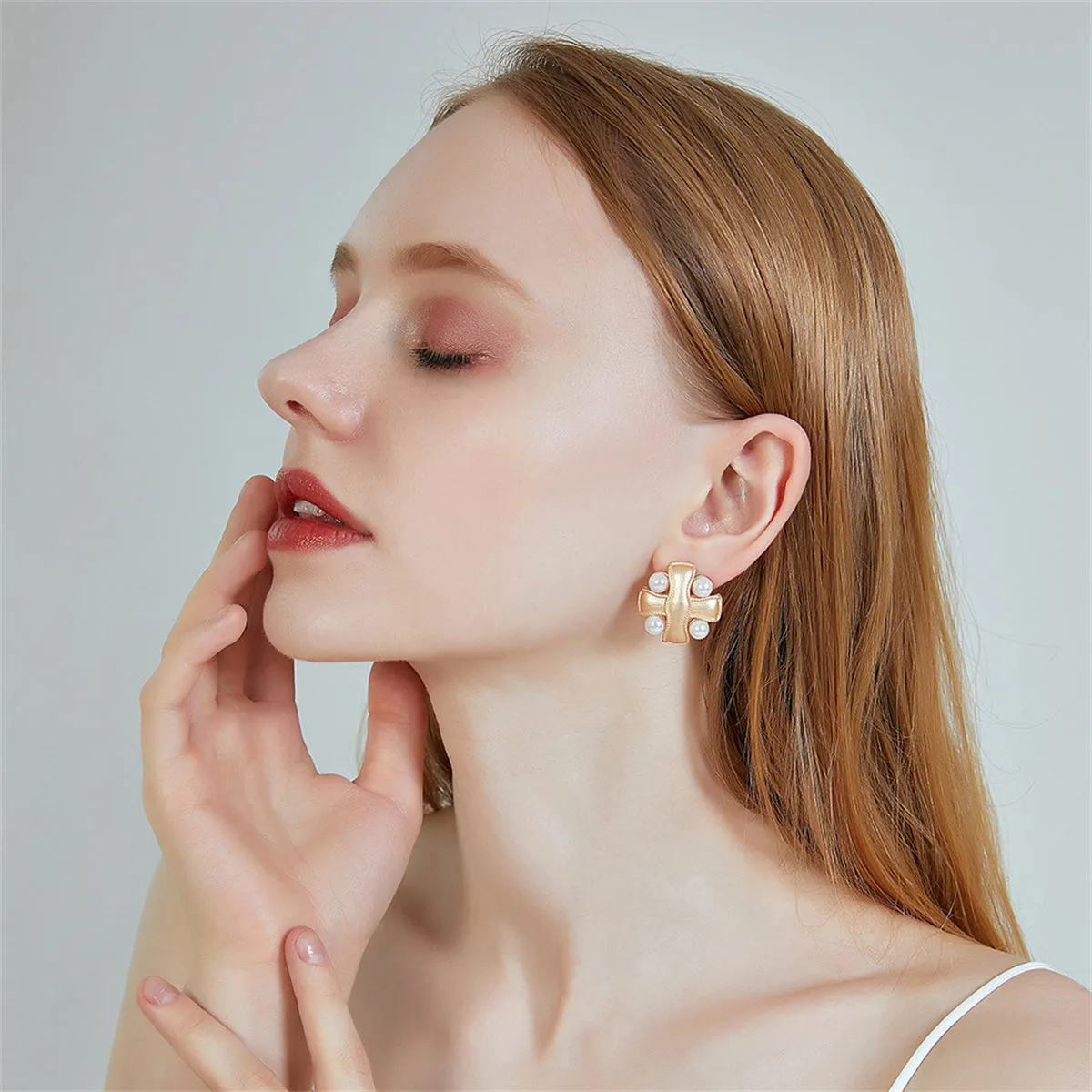 Pearl & 18K Gold-Plated Cross Patch Stud Earrings
