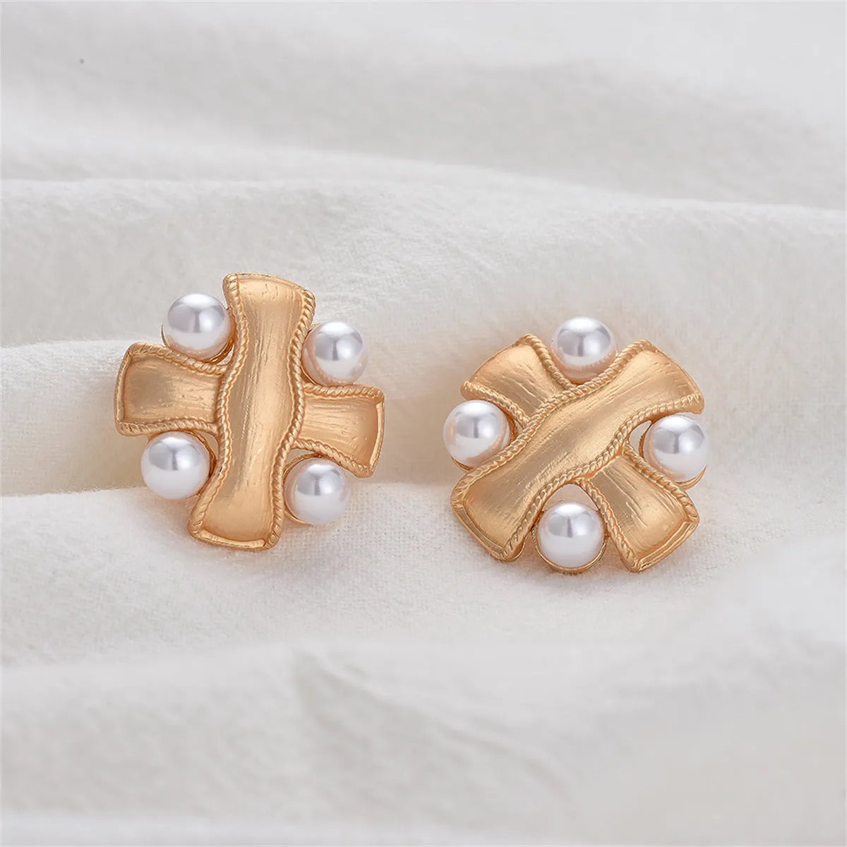 Pearl & 18K Gold-Plated Cross Patch Stud Earrings
