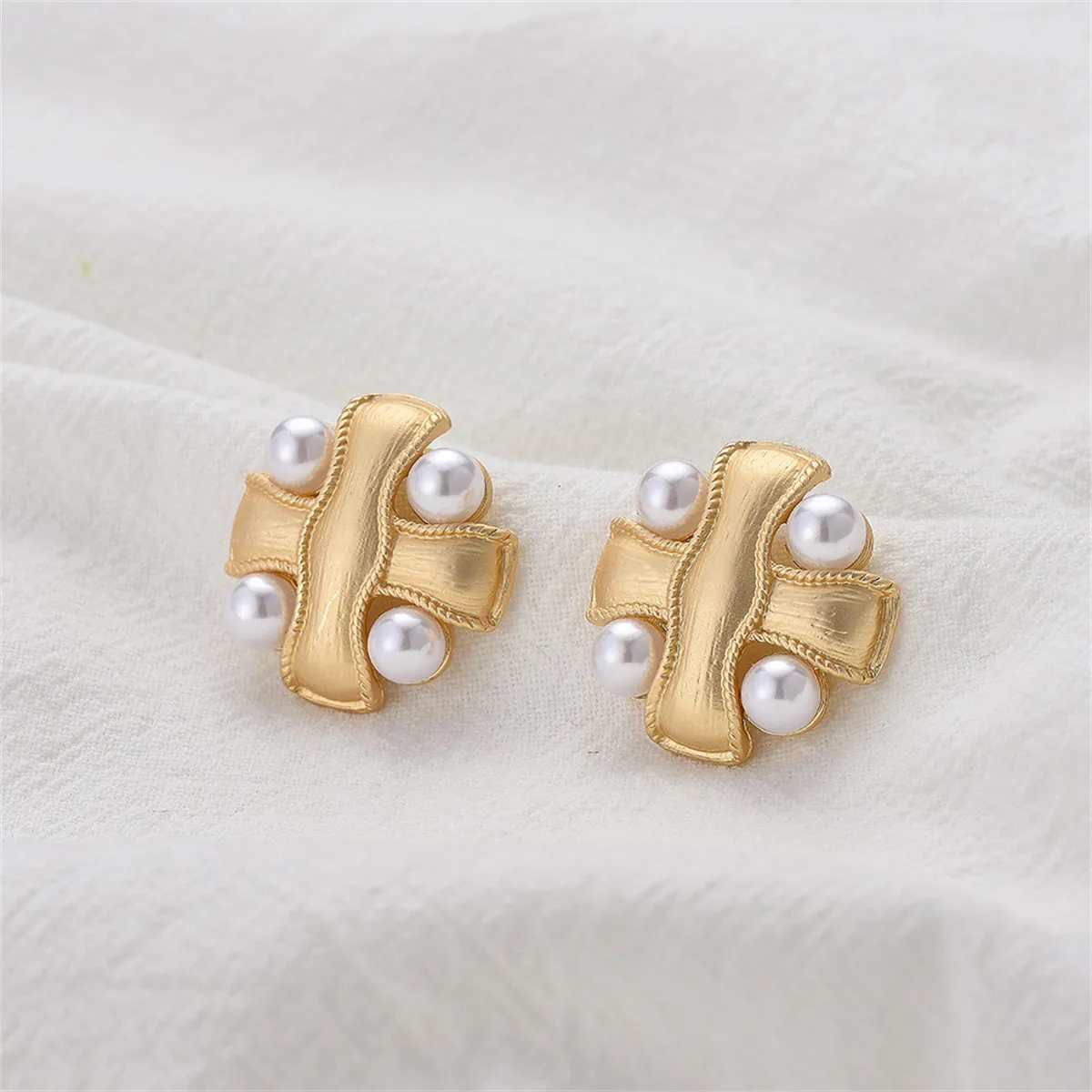 Pearl & 18K Gold-Plated Cross Patch Stud Earrings