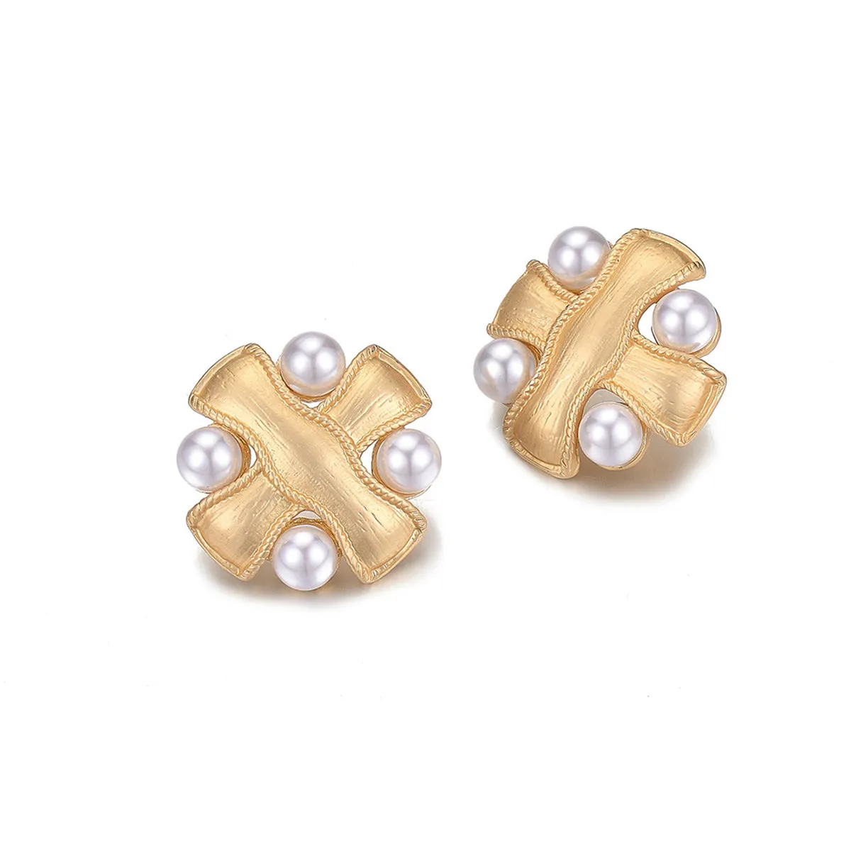 Pearl & 18K Gold-Plated Cross Patch Stud Earrings