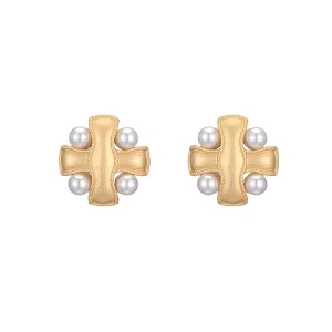 Pearl & 18K Gold-Plated Cross Patch Stud Earrings