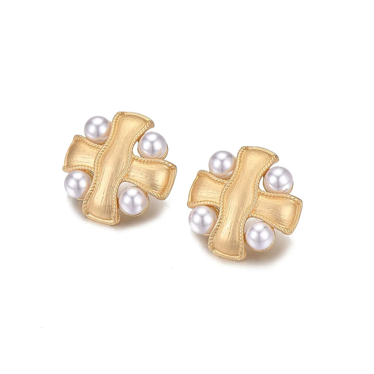 Pearl & 18K Gold-Plated Cross Patch Stud Earrings