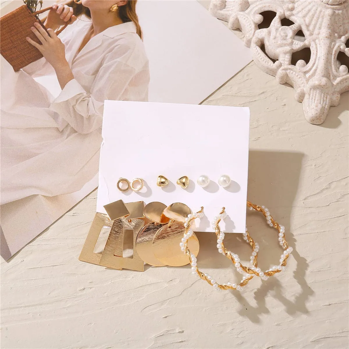 Pearl & 18K Gold-Plated Geometric Stud & Drop Earrings Set