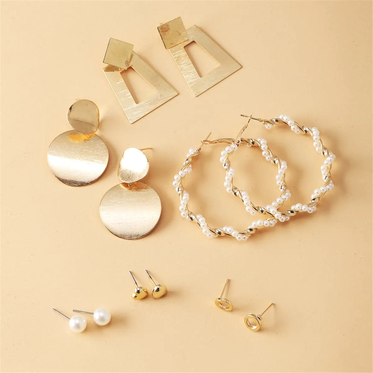 Pearl & 18K Gold-Plated Geometric Stud & Drop Earrings Set
