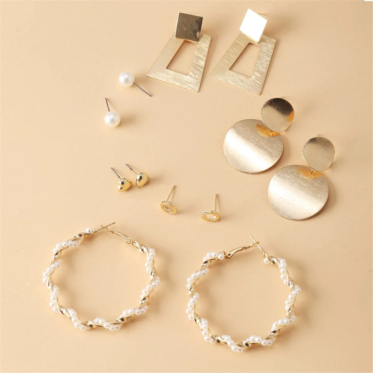 Pearl & 18K Gold-Plated Geometric Stud & Drop Earrings Set