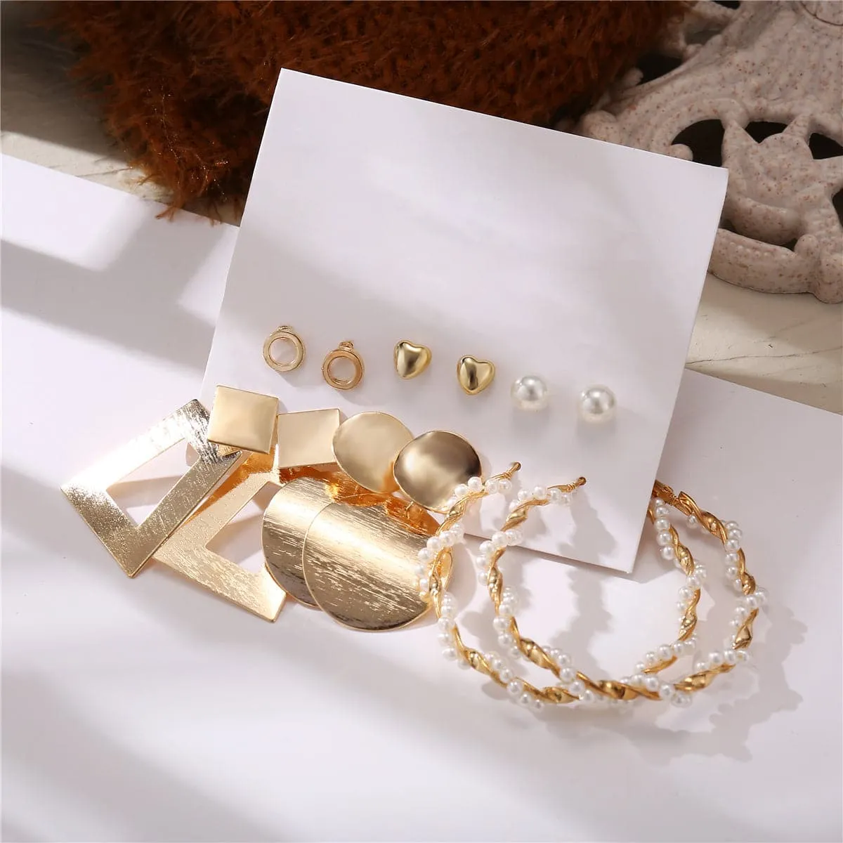 Pearl & 18K Gold-Plated Geometric Stud & Drop Earrings Set