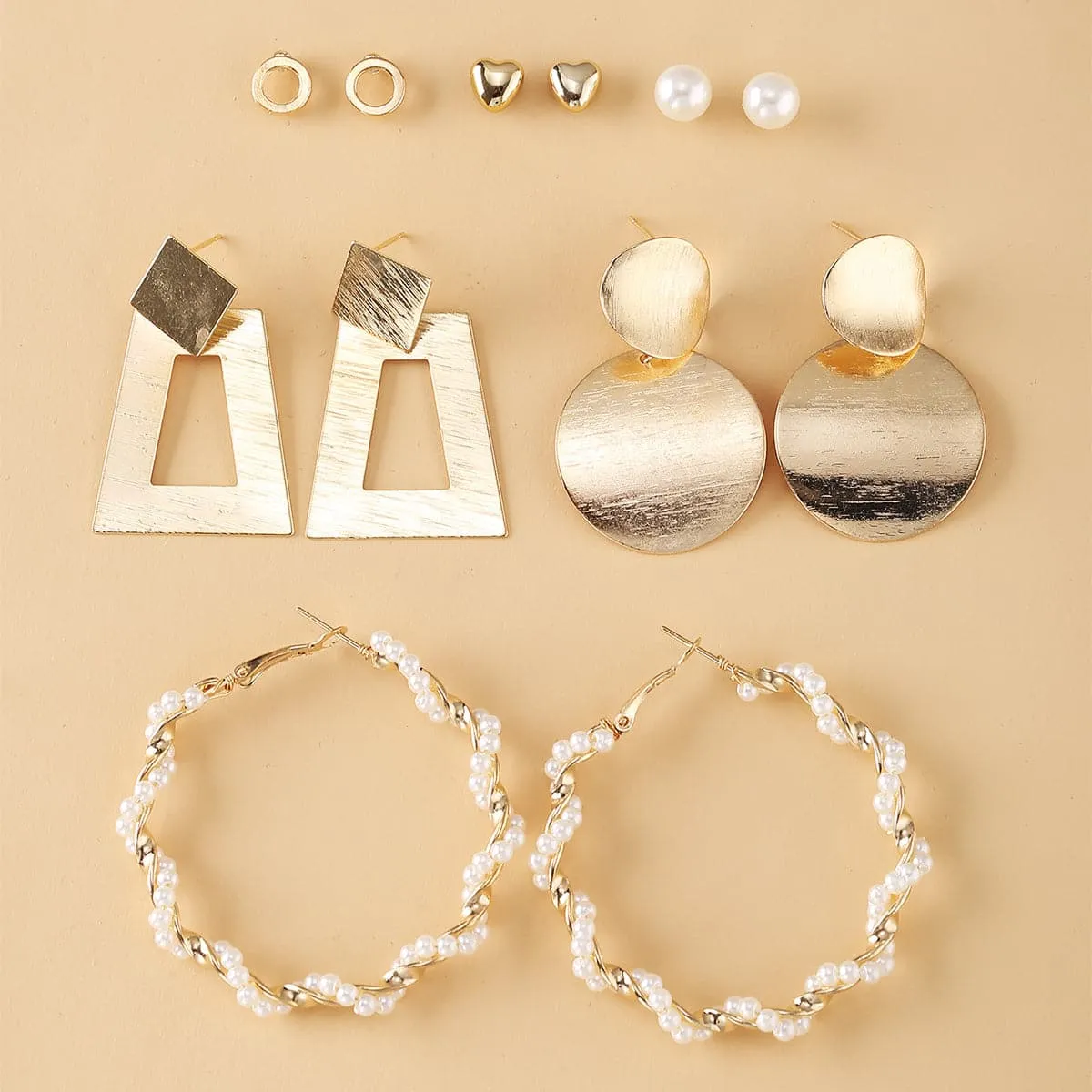 Pearl & 18K Gold-Plated Geometric Stud & Drop Earrings Set