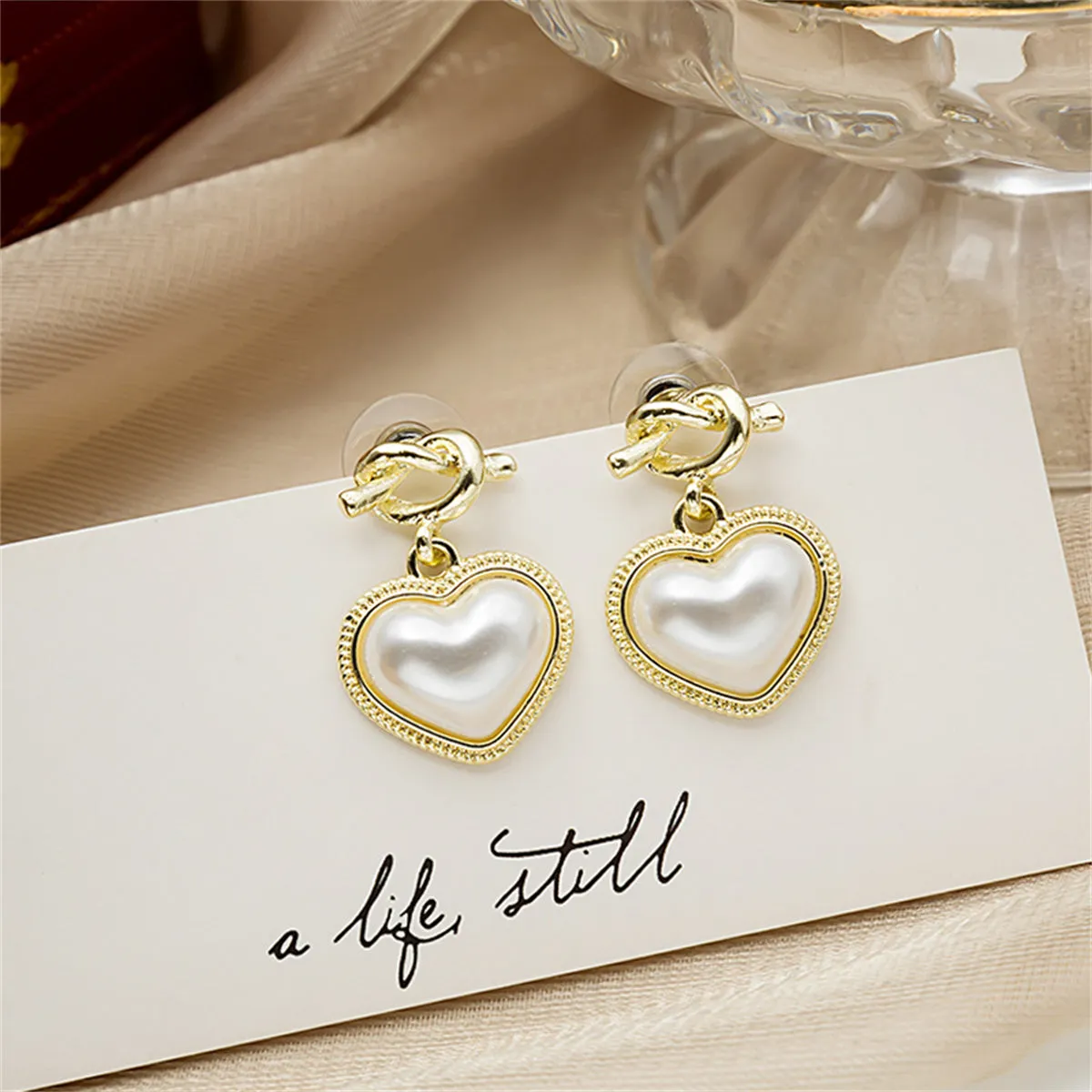 Pearl & 18K Gold-Plated Knot Heart Drop Earrings