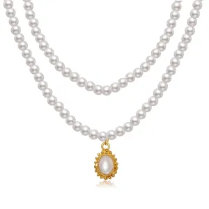 Pearl & 18K Gold-Plated Oval Pendant Layered Necklace