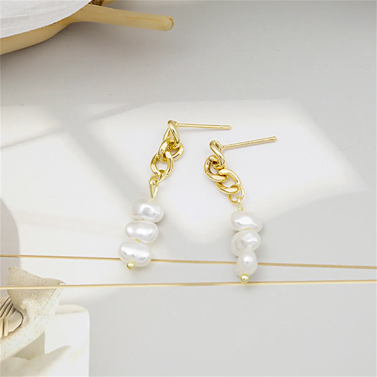 Pearl & 18K Gold-Plated Stacked Cable Chain Drop Earrings