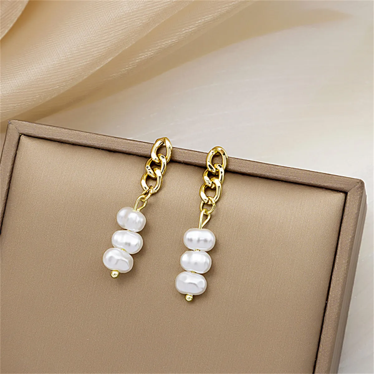 Pearl & 18K Gold-Plated Stacked Cable Chain Drop Earrings