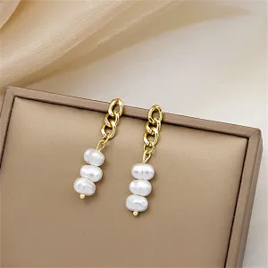 Pearl & 18K Gold-Plated Stacked Cable Chain Drop Earrings