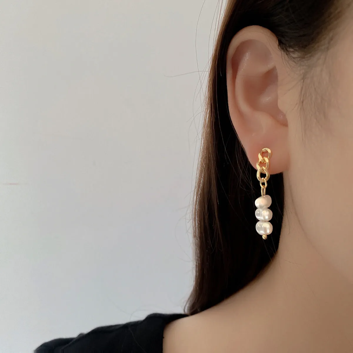 Pearl & 18K Gold-Plated Stacked Cable Chain Drop Earrings