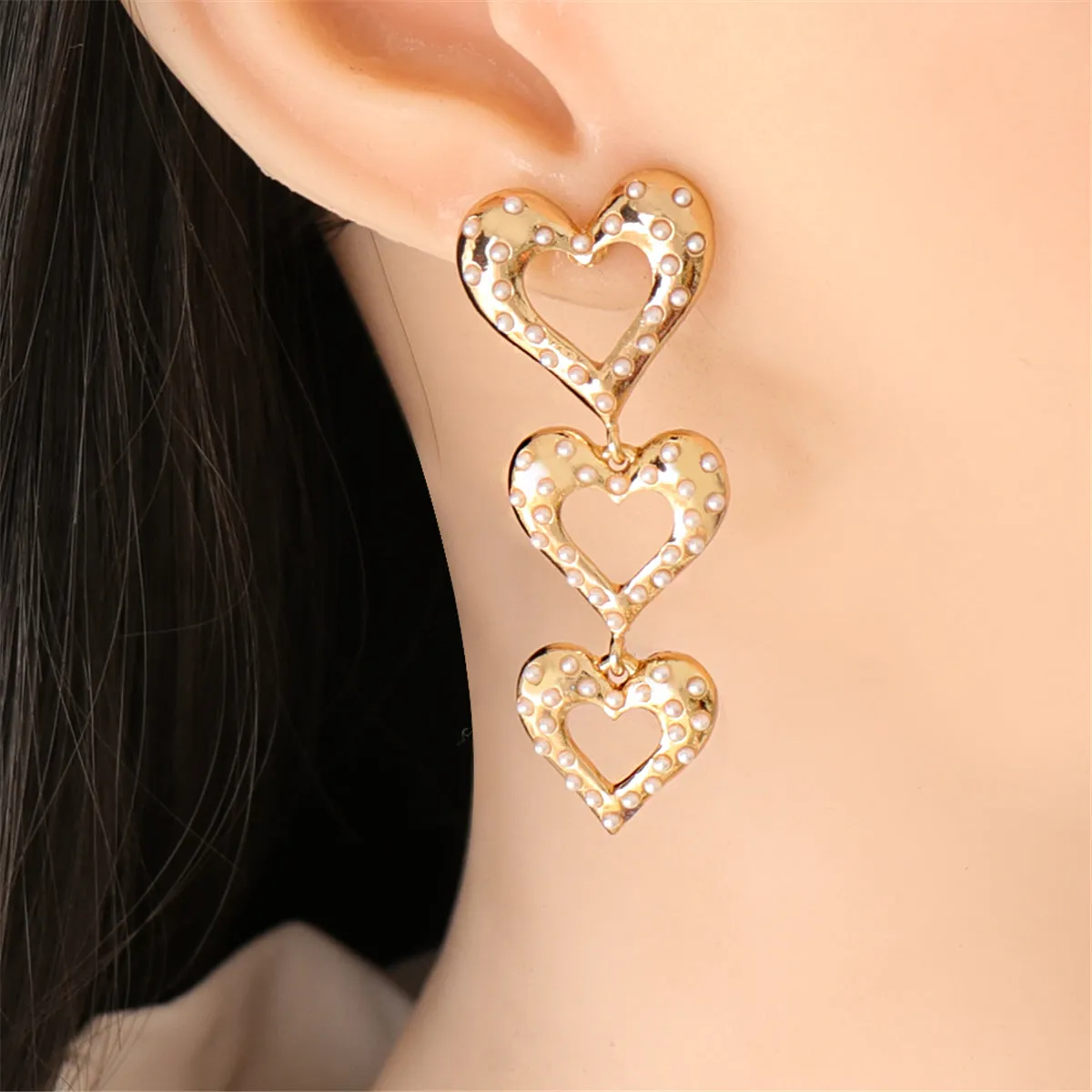 Pearl & 18K Gold-Plated Stacked Heart Drop Earrings