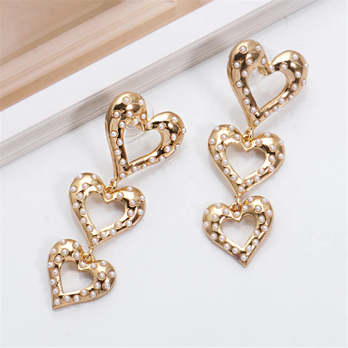 Pearl & 18K Gold-Plated Stacked Heart Drop Earrings