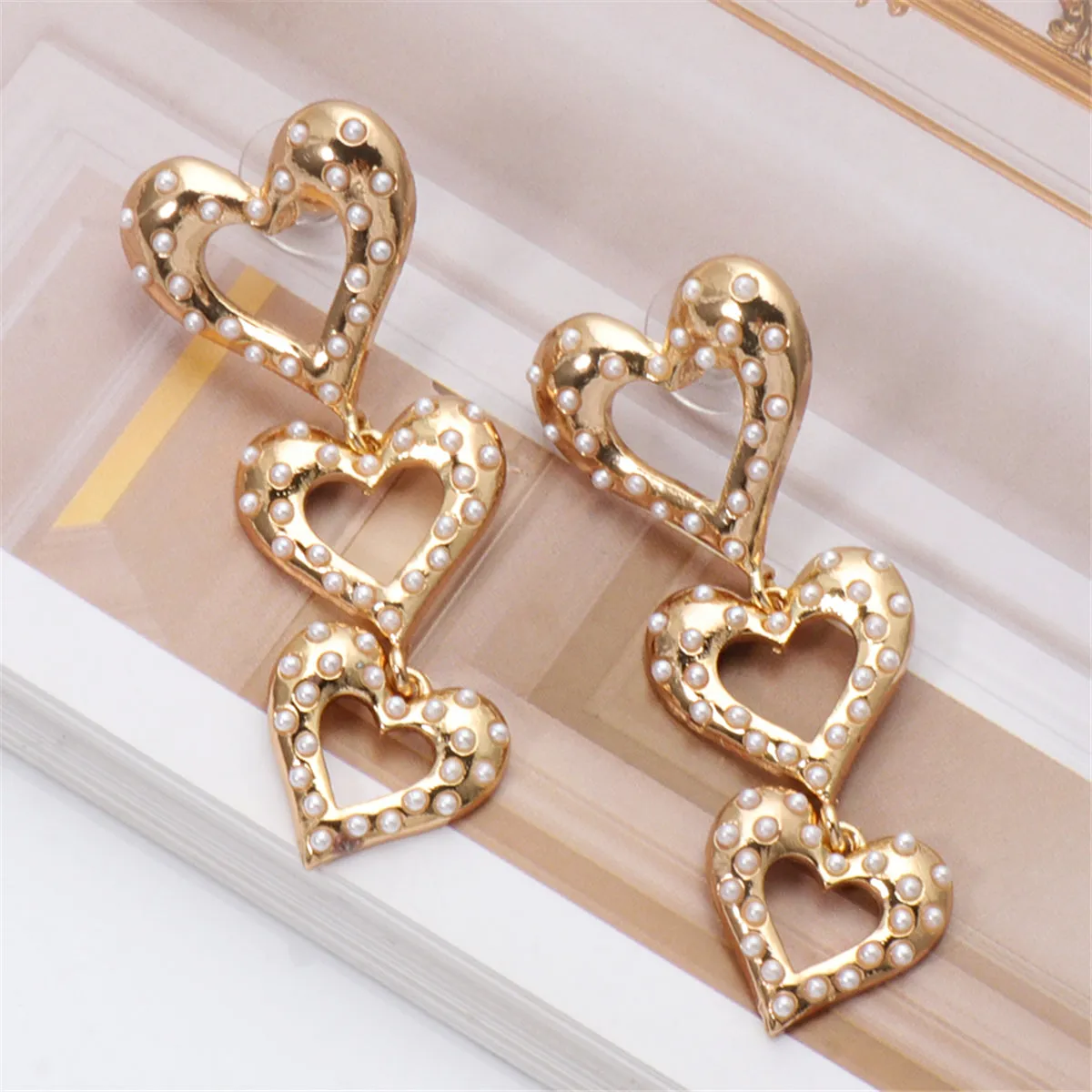 Pearl & 18K Gold-Plated Stacked Heart Drop Earrings