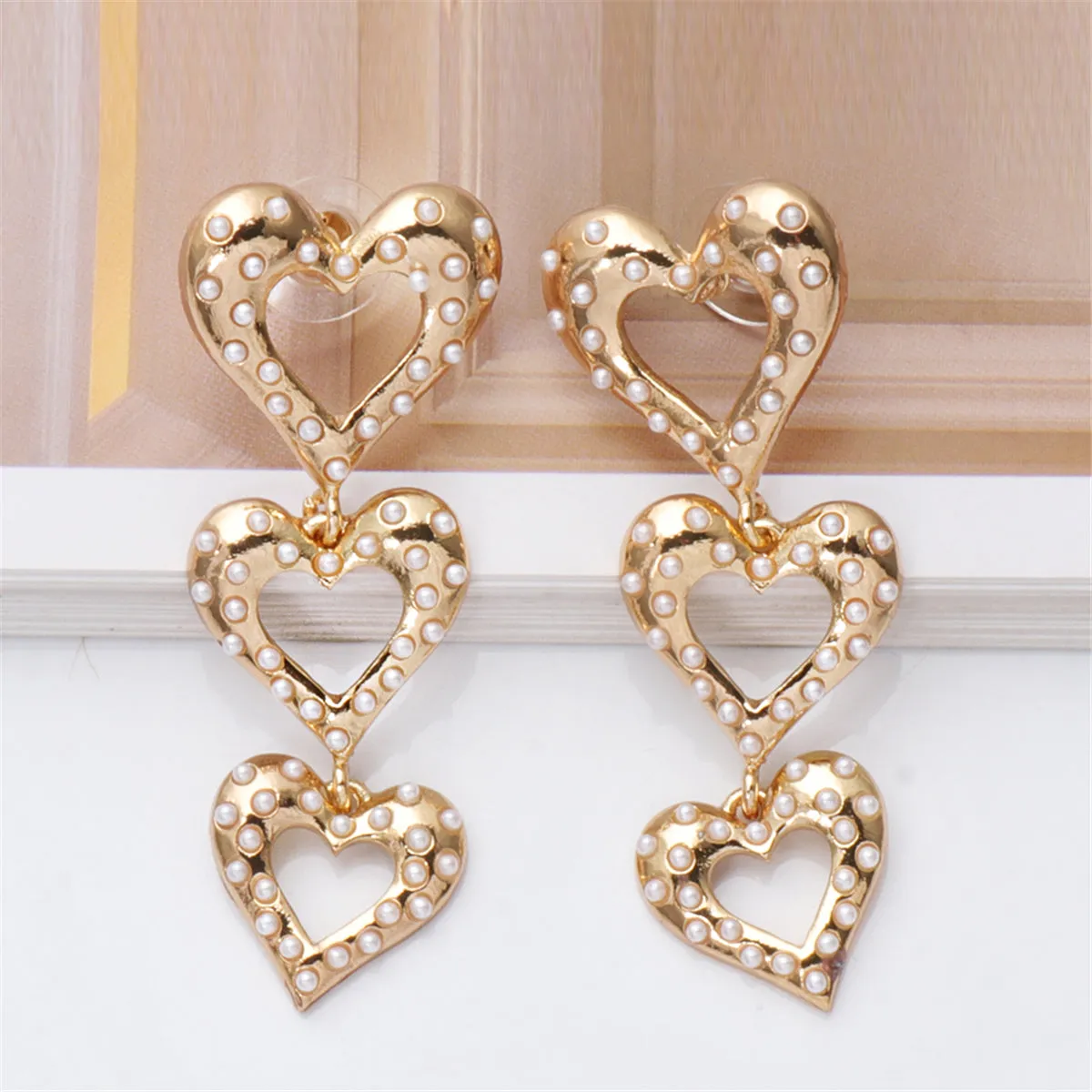 Pearl & 18K Gold-Plated Stacked Heart Drop Earrings