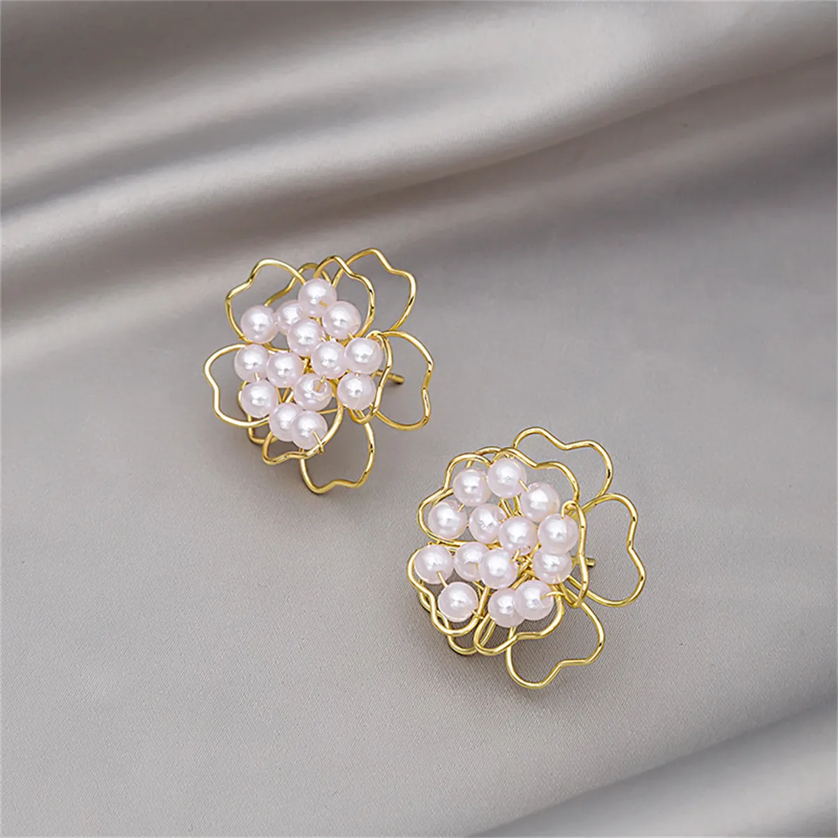 Pearl & 18K Gold-Plated Stacked Openwork Floral Stud Earrings