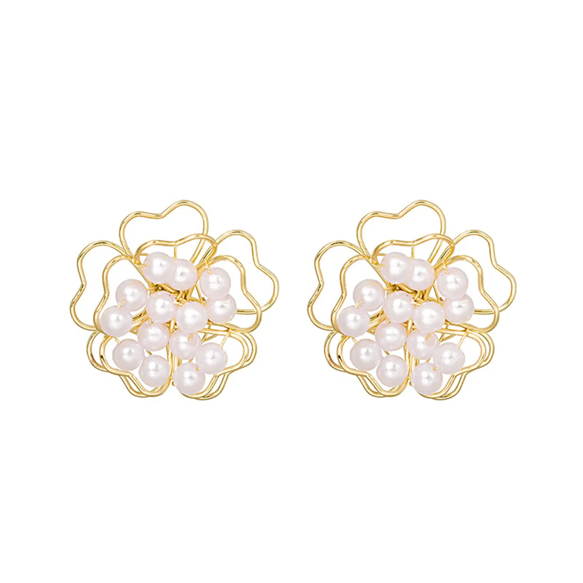 Pearl & 18K Gold-Plated Stacked Openwork Floral Stud Earrings