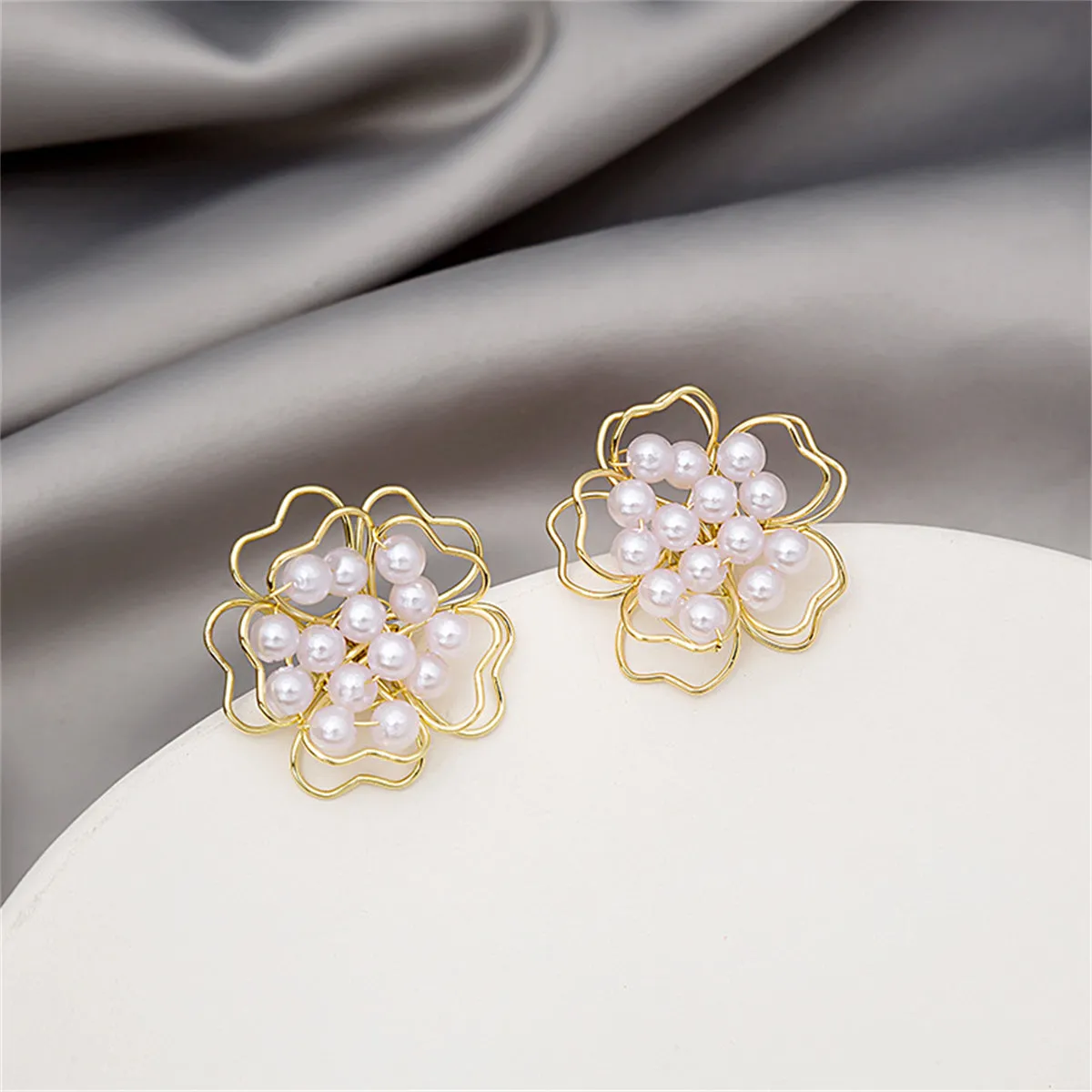 Pearl & 18K Gold-Plated Stacked Openwork Floral Stud Earrings