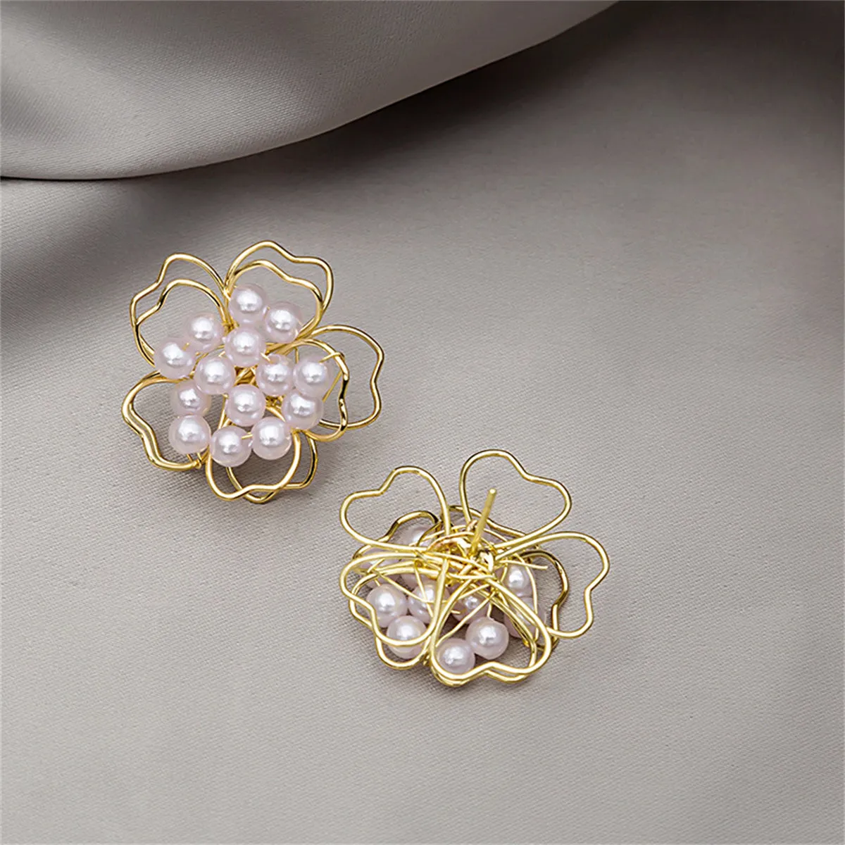 Pearl & 18K Gold-Plated Stacked Openwork Floral Stud Earrings