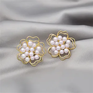 Pearl & 18K Gold-Plated Stacked Openwork Floral Stud Earrings