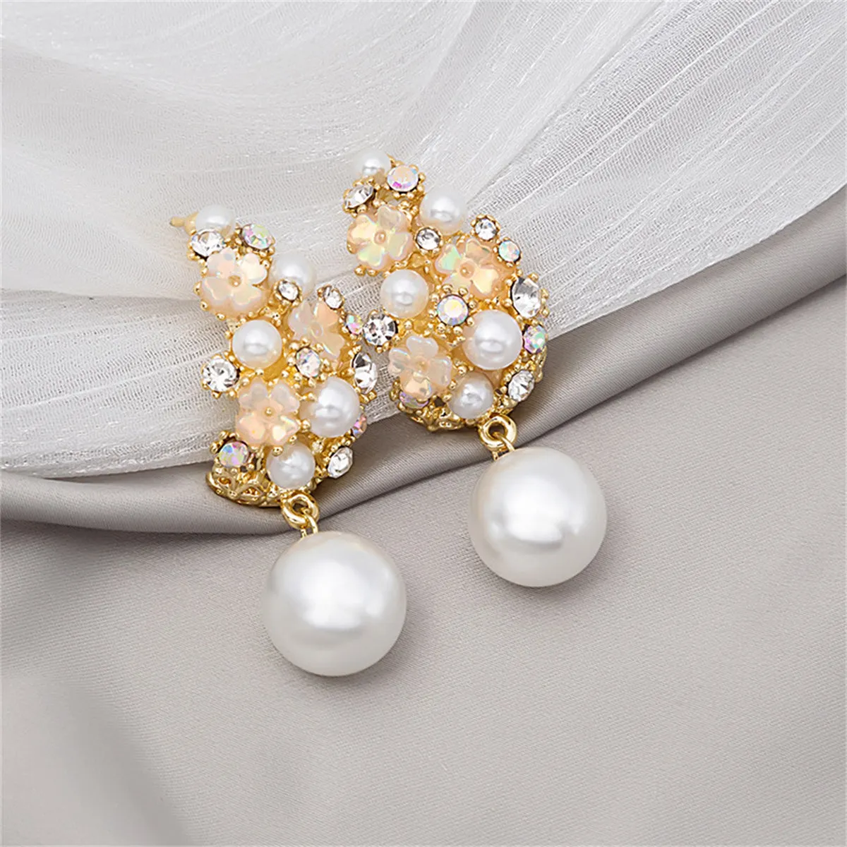 Pearl & Cubic Zirconia 18K Gold-Plated Floral Cluster Drop Earrings
