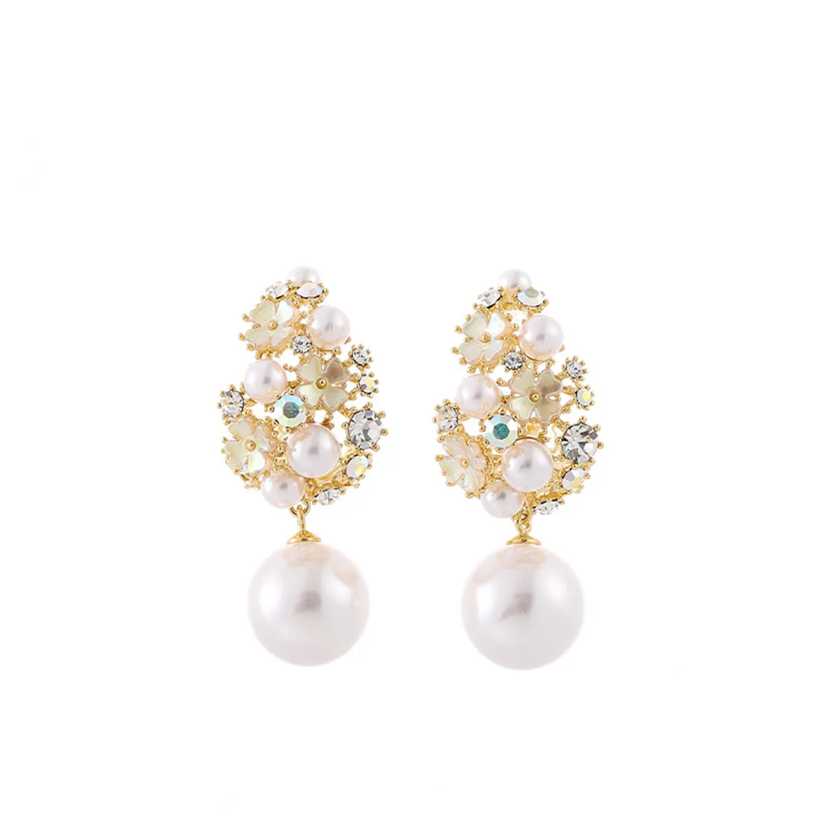 Pearl & Cubic Zirconia 18K Gold-Plated Floral Cluster Drop Earrings