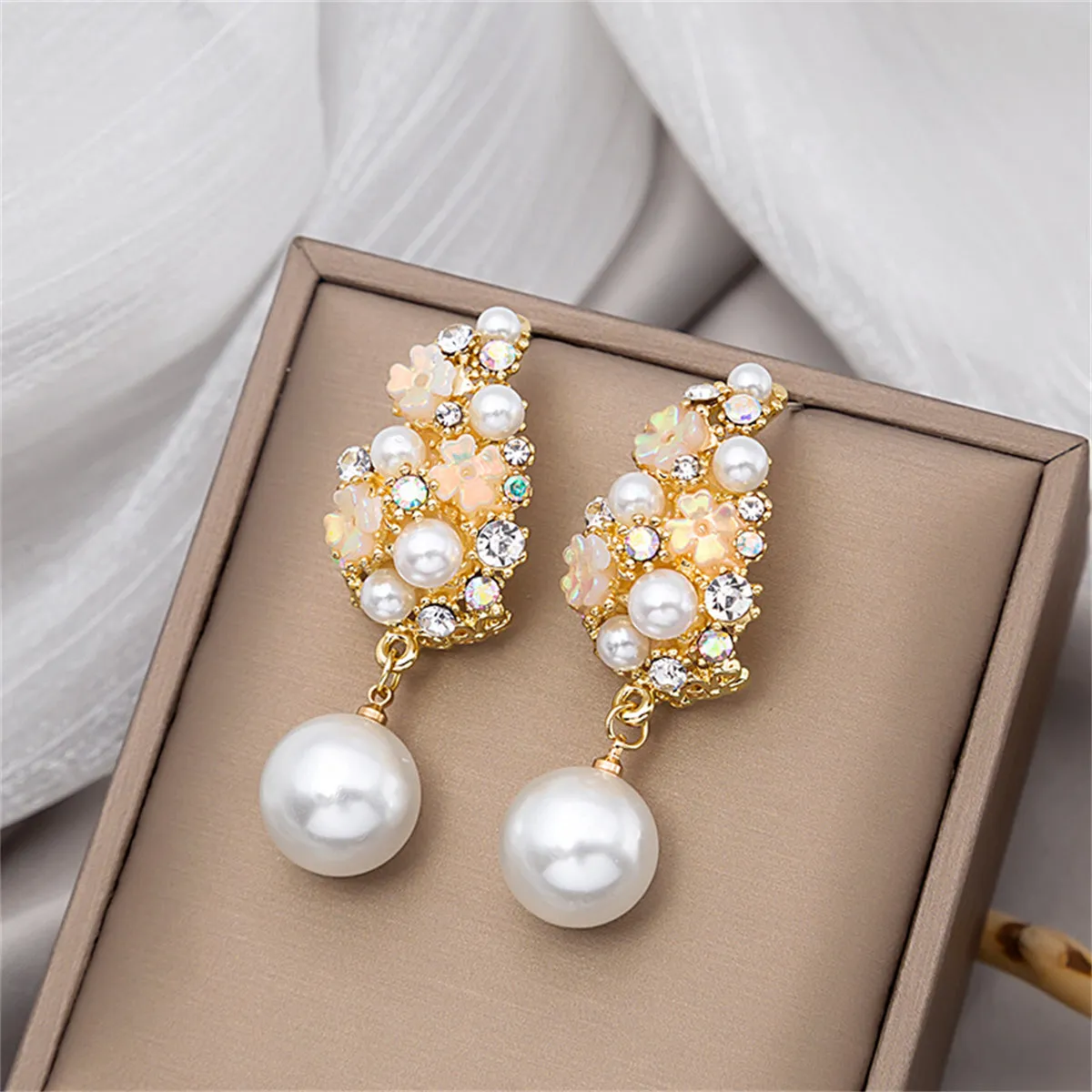 Pearl & Cubic Zirconia 18K Gold-Plated Floral Cluster Drop Earrings