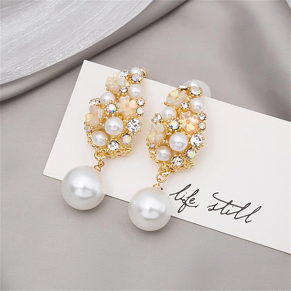 Pearl & Cubic Zirconia 18K Gold-Plated Floral Cluster Drop Earrings