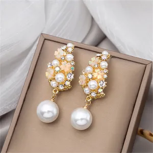 Pearl & Cubic Zirconia 18K Gold-Plated Floral Cluster Drop Earrings
