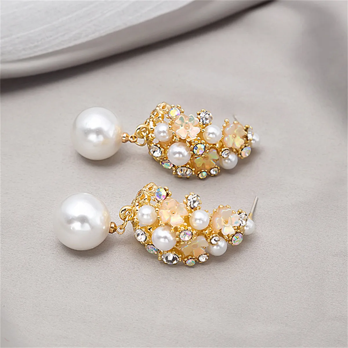Pearl & Cubic Zirconia 18K Gold-Plated Floral Cluster Drop Earrings