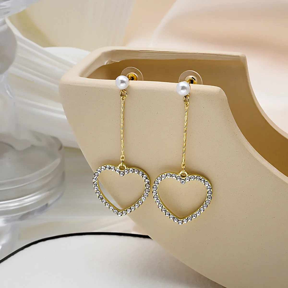 Pearl & Cubic Zirconia 18K Gold-Plated Open Heart Pavé Drop Earrings