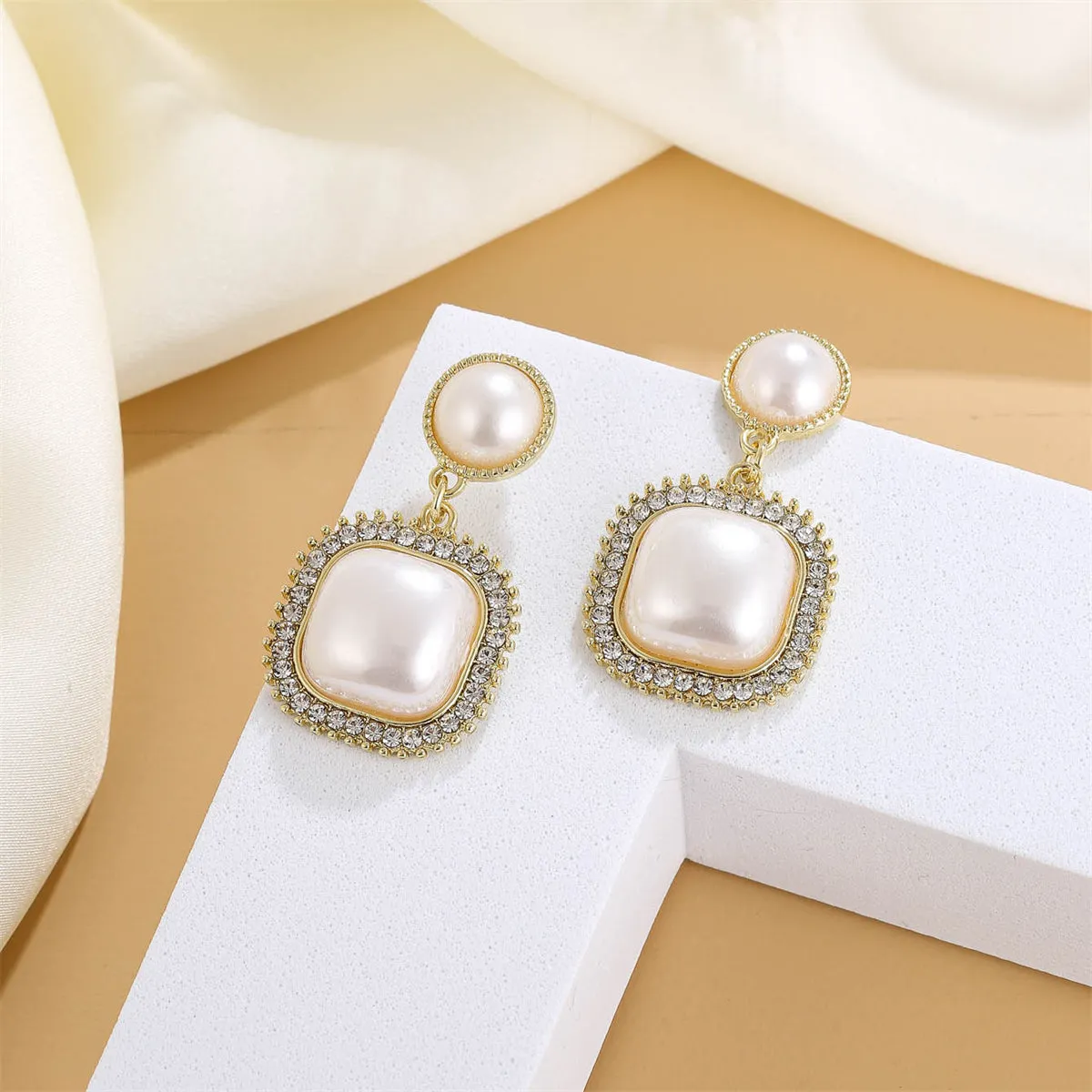 Pearl & Cubic Zirconia 18K Gold-Plated Pavé-Detail Square Drop Earrings