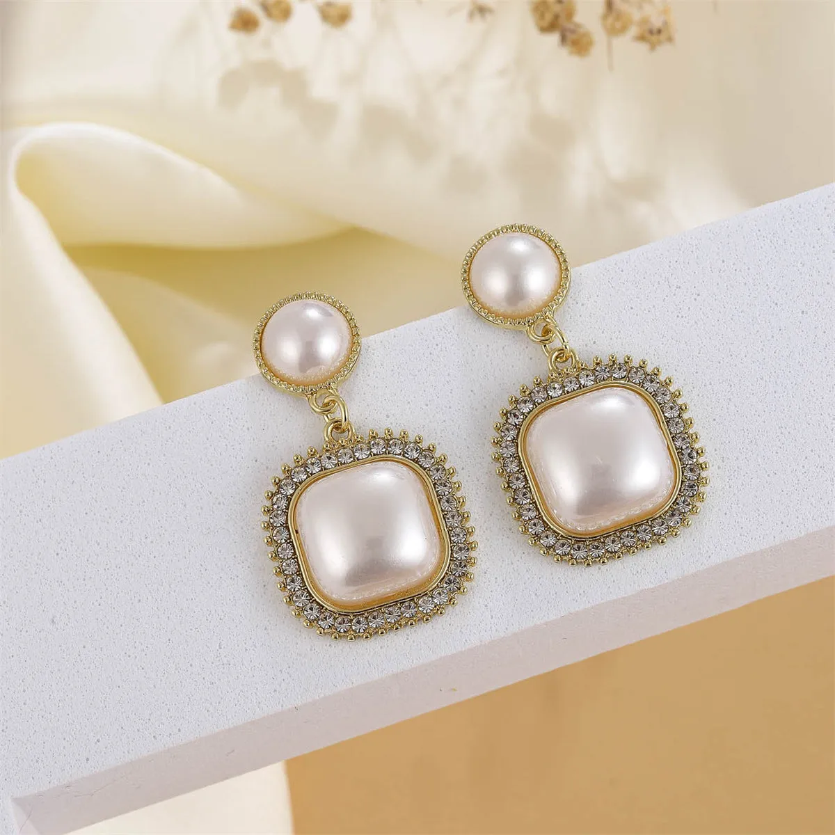 Pearl & Cubic Zirconia 18K Gold-Plated Pavé-Detail Square Drop Earrings