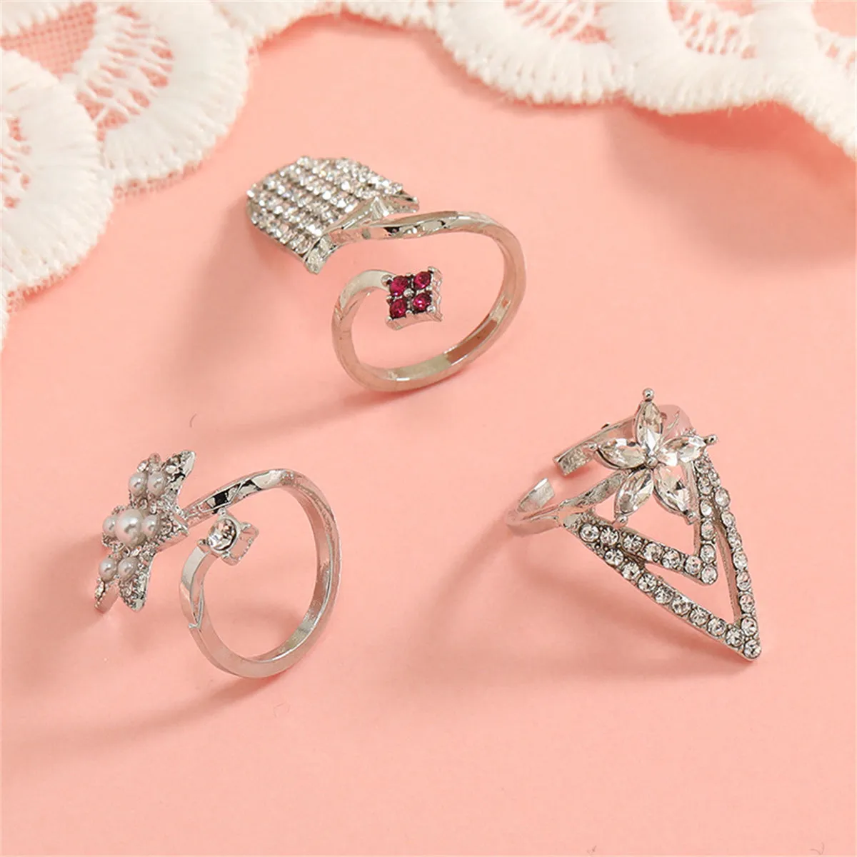 Pearl & Cubic Zirconia Flower Midi Ring Set