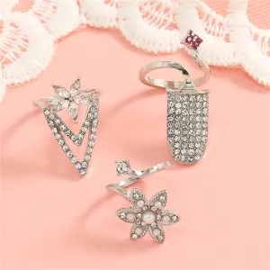 Pearl & Cubic Zirconia Flower Midi Ring Set