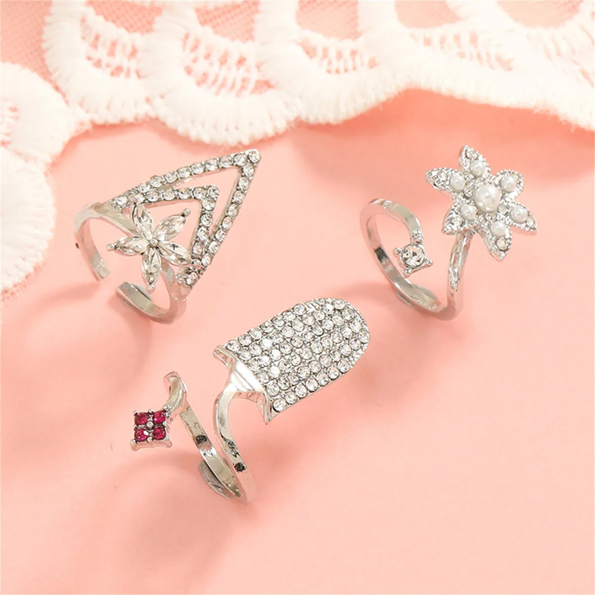 Pearl & Cubic Zirconia Flower Midi Ring Set