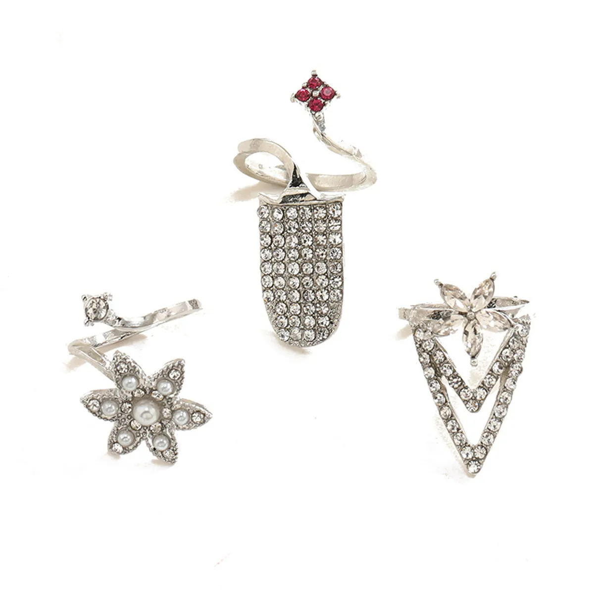 Pearl & Cubic Zirconia Flower Midi Ring Set
