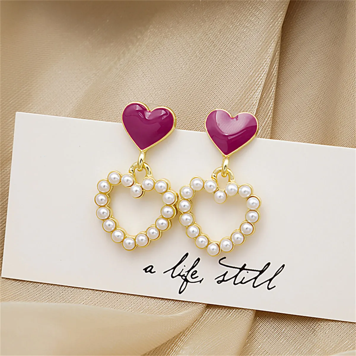 Pearl & Enamel 18K Gold-Plated Open Heart Drop Earrings
