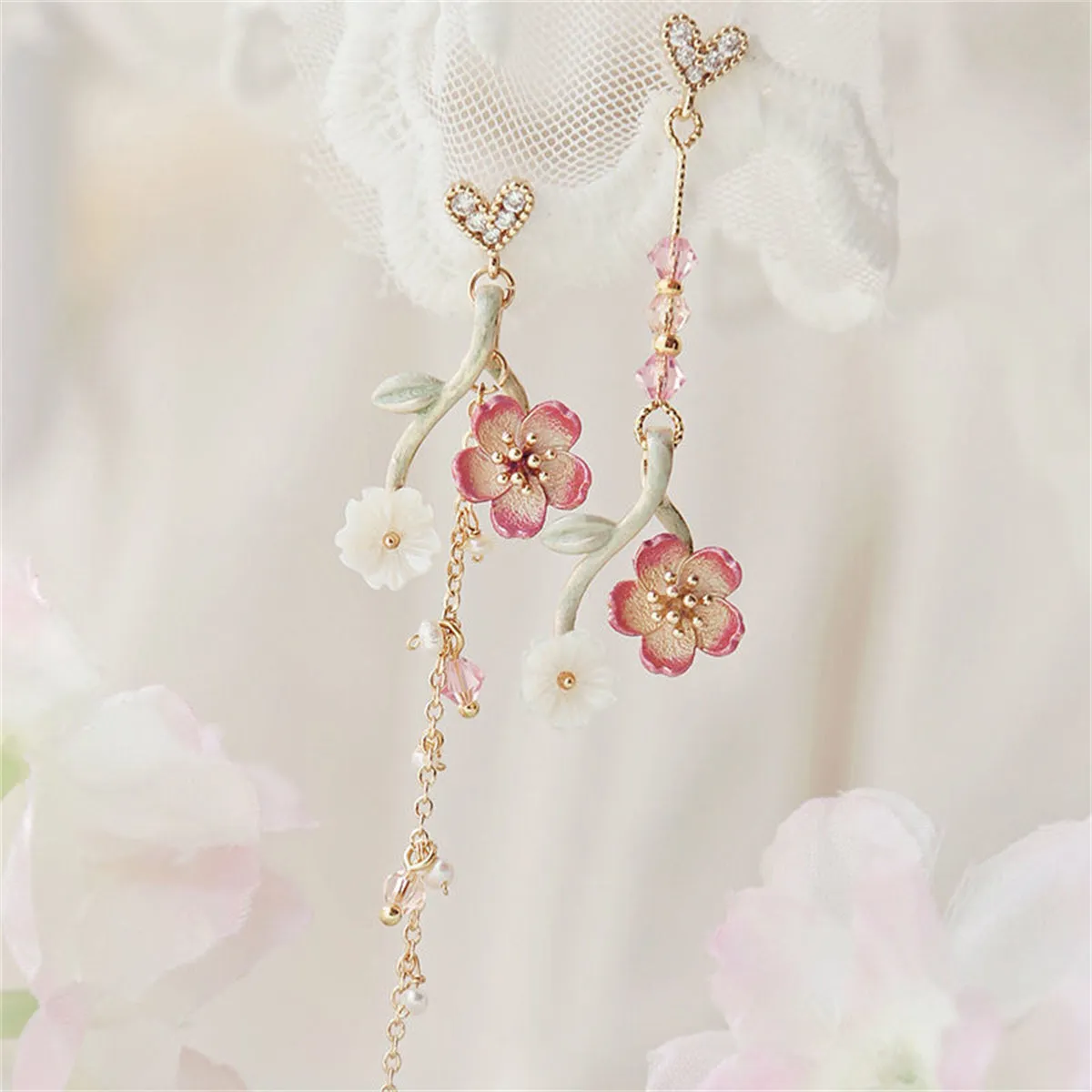 Pearl & Enamel Acrylic 18K Gold-Plated Floral Mismatched Drop Earrings