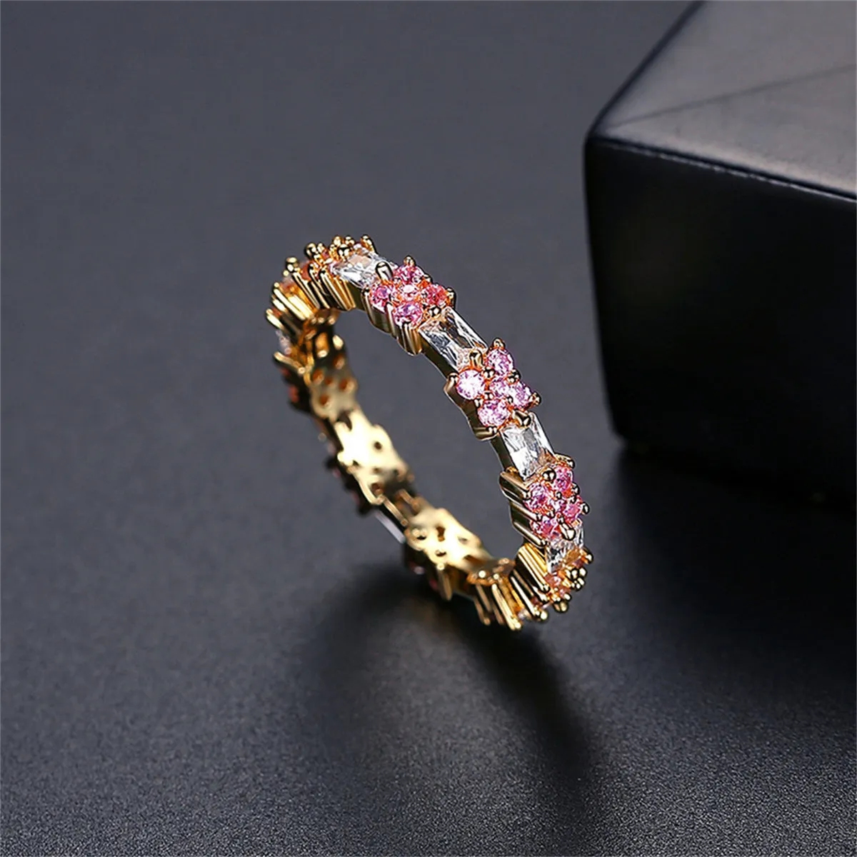 Pink Crystal & Cubic Zirconia 18K Gold-Plated Thin Band Ring