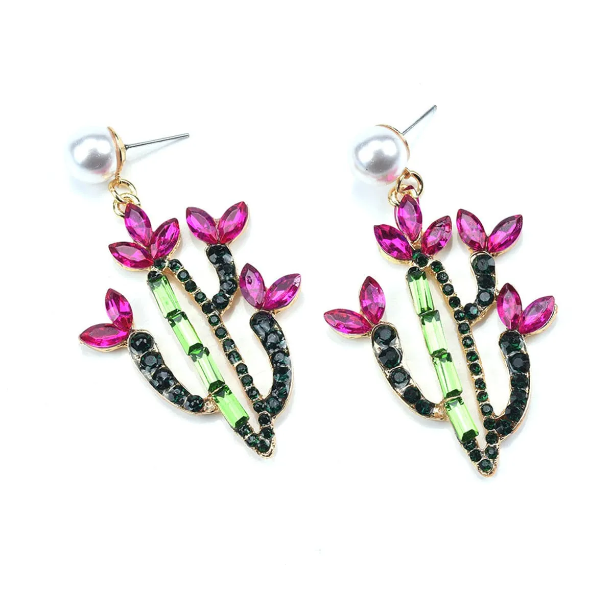 Pink Crystal & Cubic Zirconia Cactus Drop Earrings