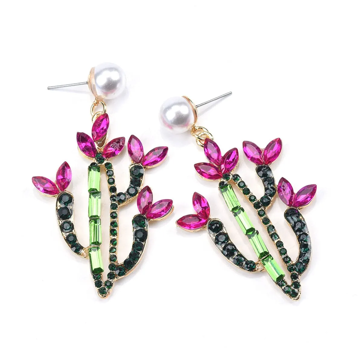 Pink Crystal & Cubic Zirconia Cactus Drop Earrings