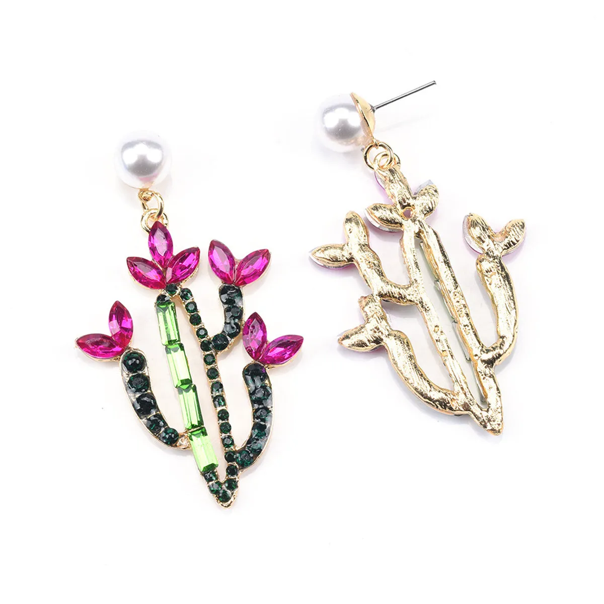 Pink Crystal & Cubic Zirconia Cactus Drop Earrings