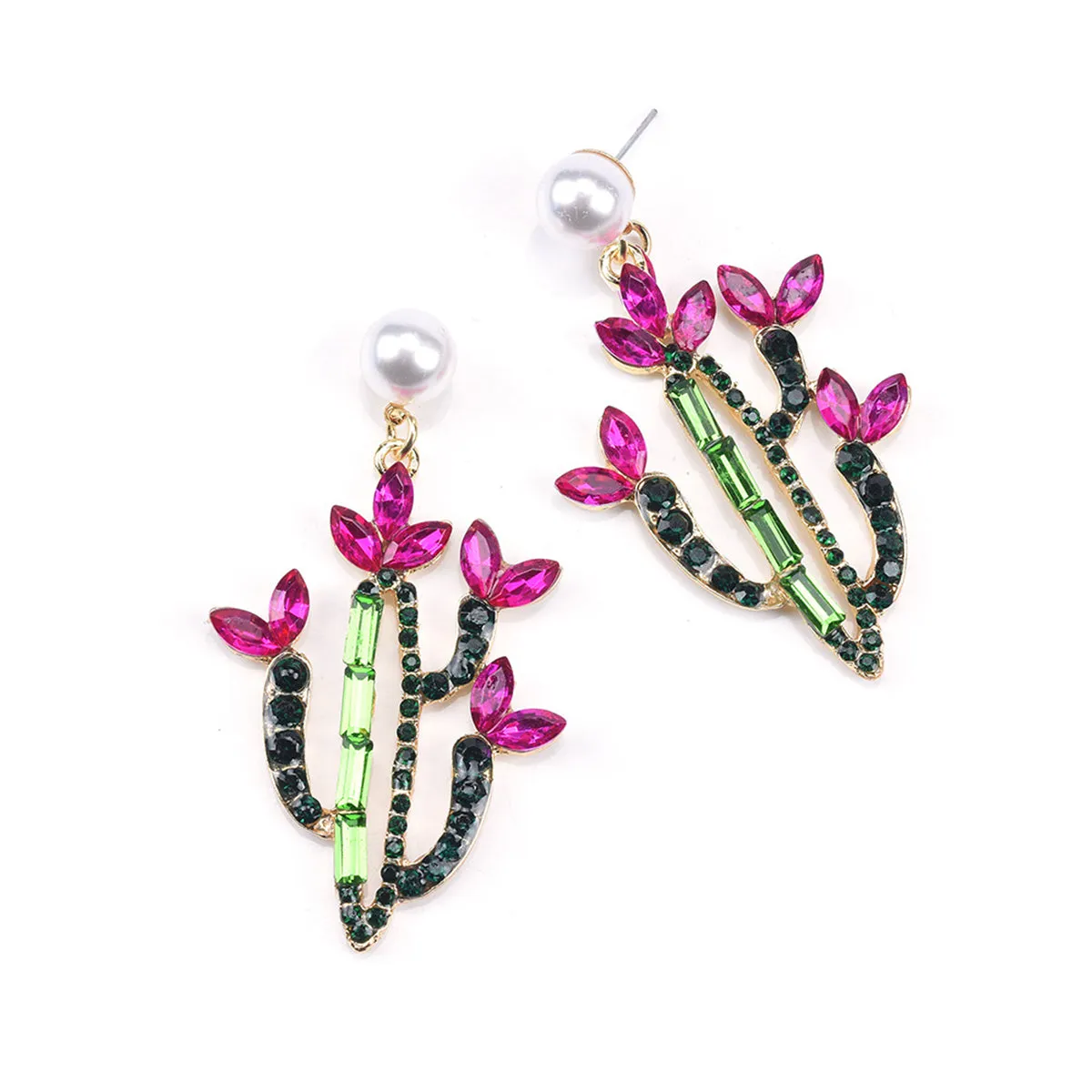 Pink Crystal & Cubic Zirconia Cactus Drop Earrings