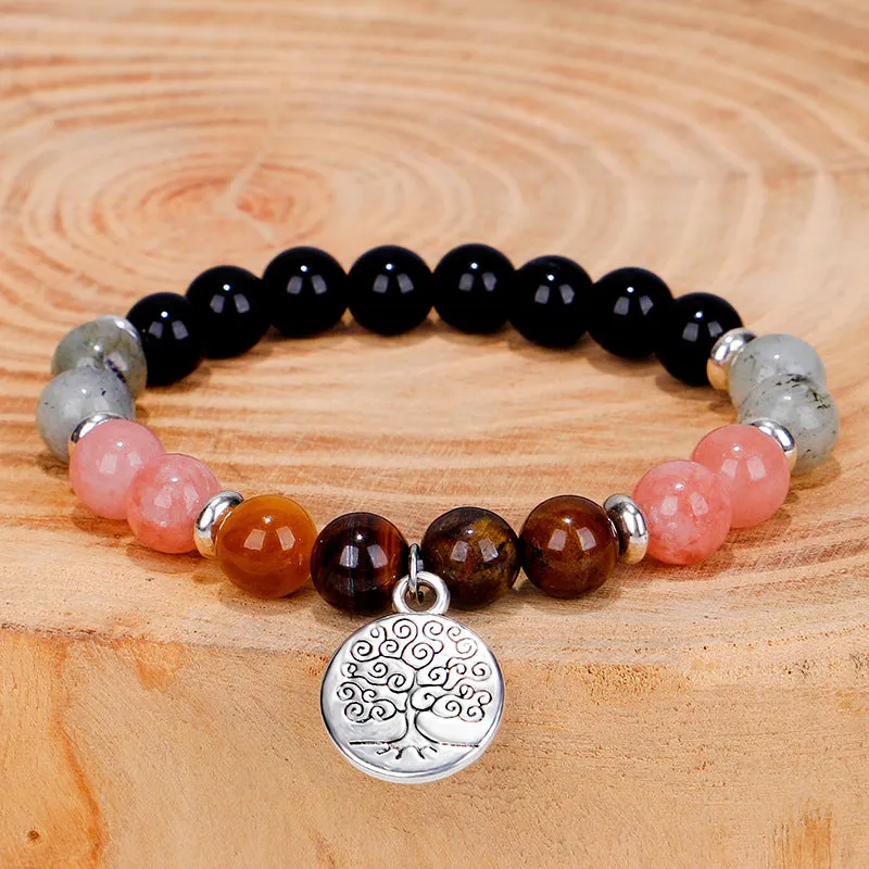 Pink Quartz & Silver-Plated Life Tree Charm Stretch Bracelet