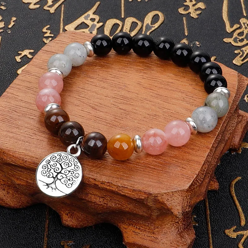 Pink Quartz & Silver-Plated Life Tree Charm Stretch Bracelet
