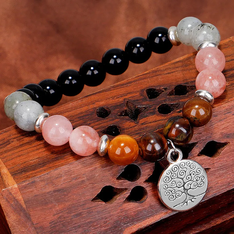 Pink Quartz & Silver-Plated Life Tree Charm Stretch Bracelet